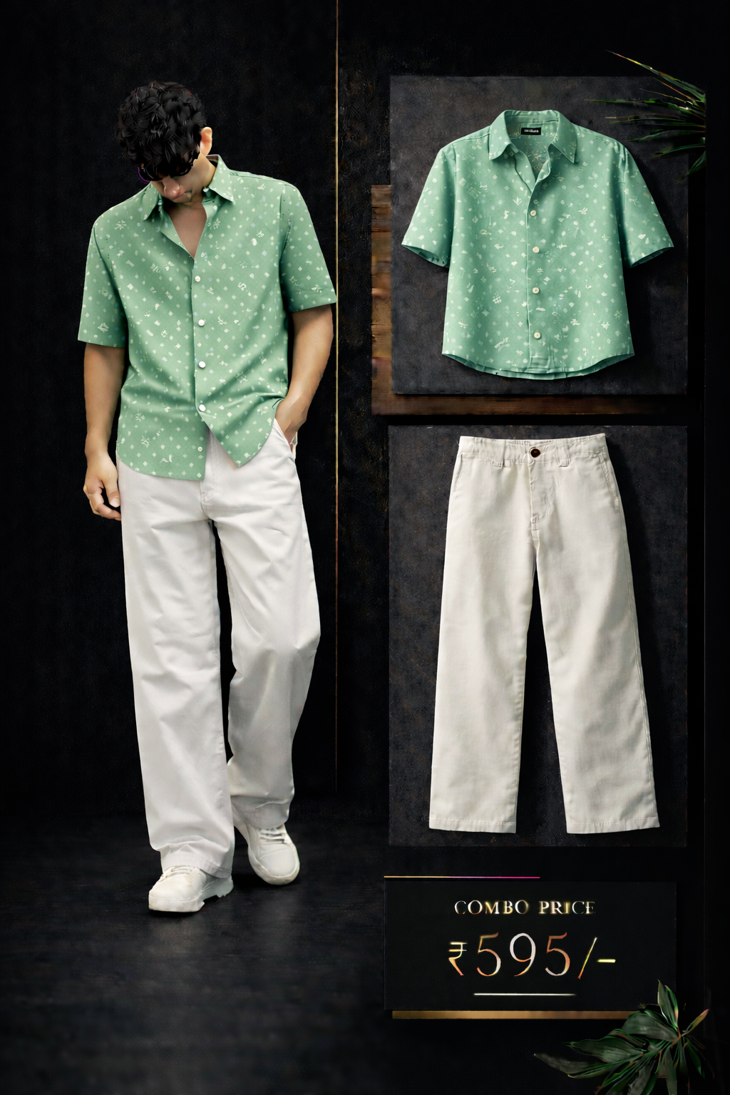 Men’s Premium Light Green Printed Shirt with Off White Trouser Combo Set | Stylish Casual Outfit for Men | Regular Fit
