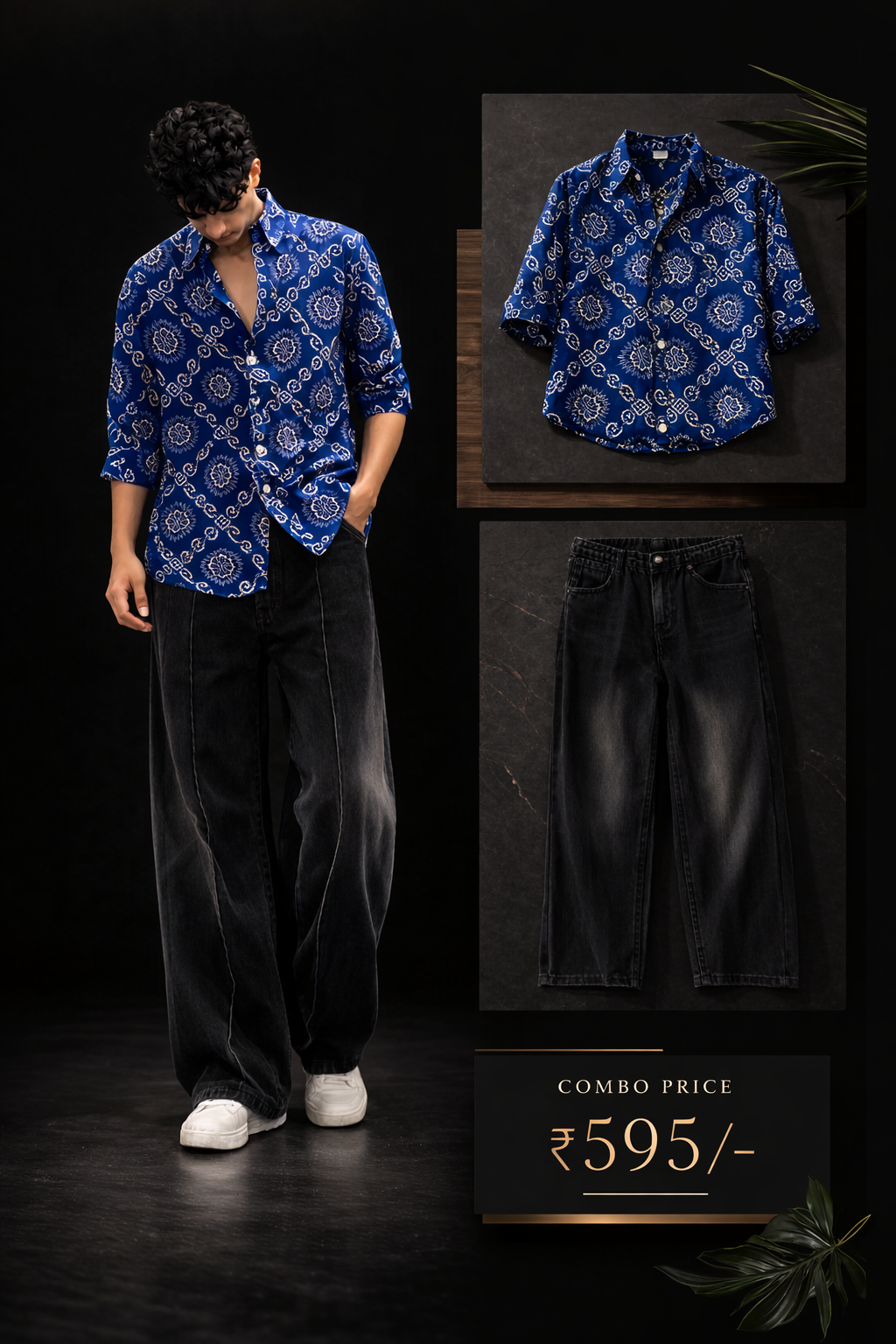 Men’s Premium Blue Printed Shirt with Black Denim Jeans Combo Set | Stylish Casual Outfit for Men | Regular Fit